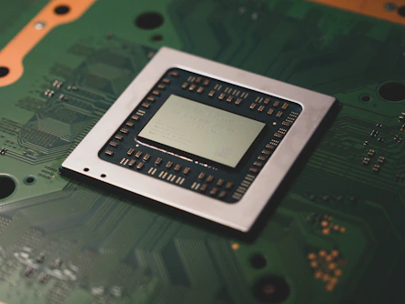 Close-up of a computer processor chip on circuit board