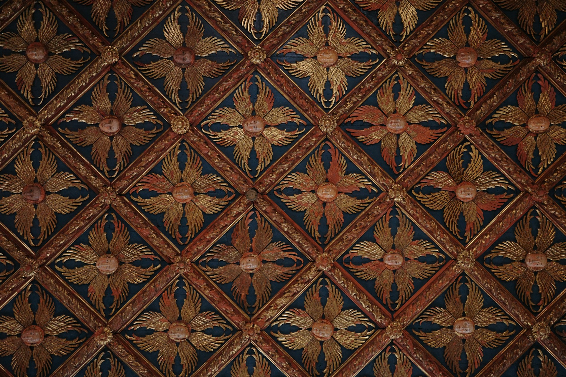 Intricate wooden ceiling with floral diamond patterns