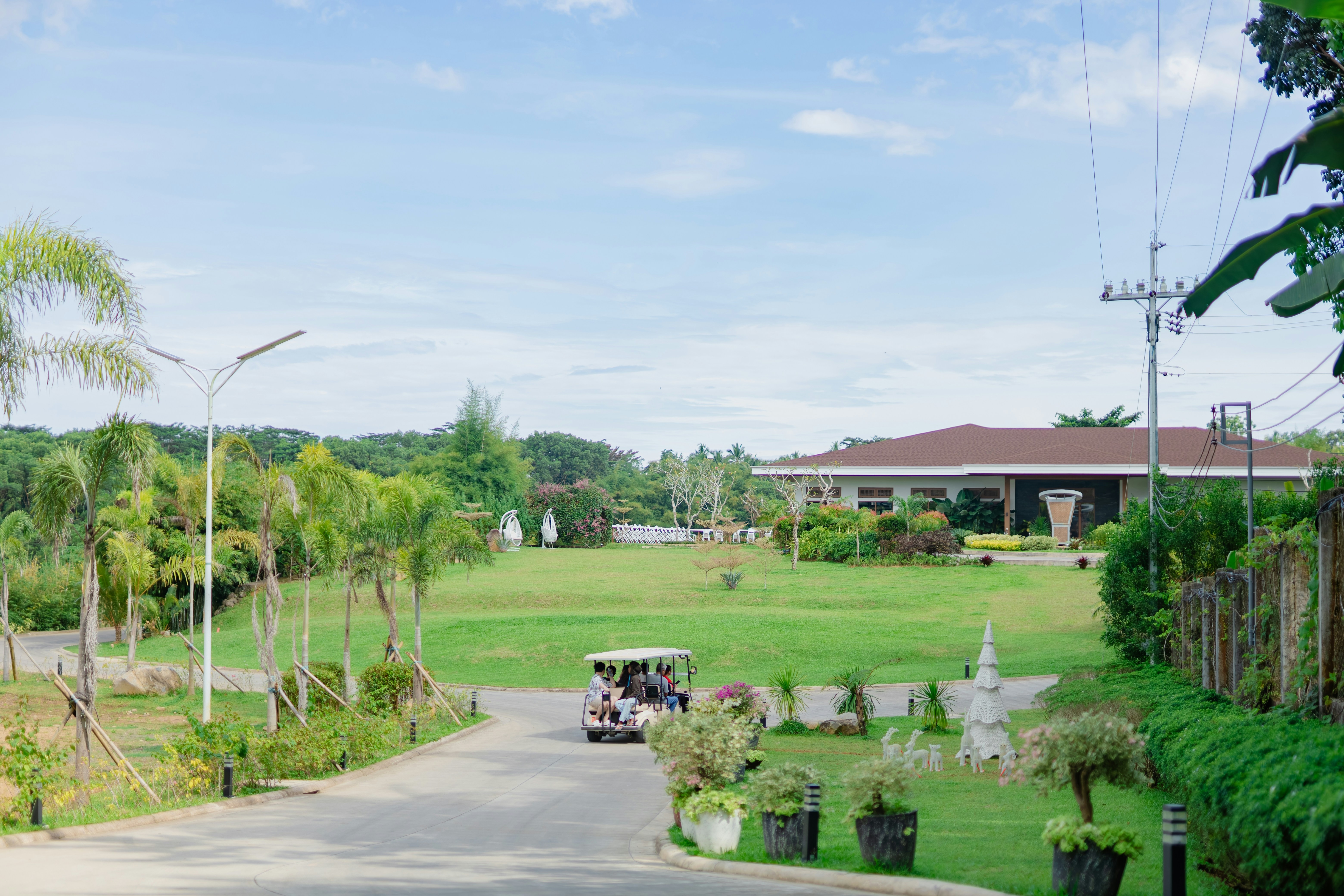 Golf cart driving on a green course with trees.