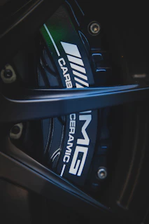 Close-up of a car's carbon ceramic amg brake caliper