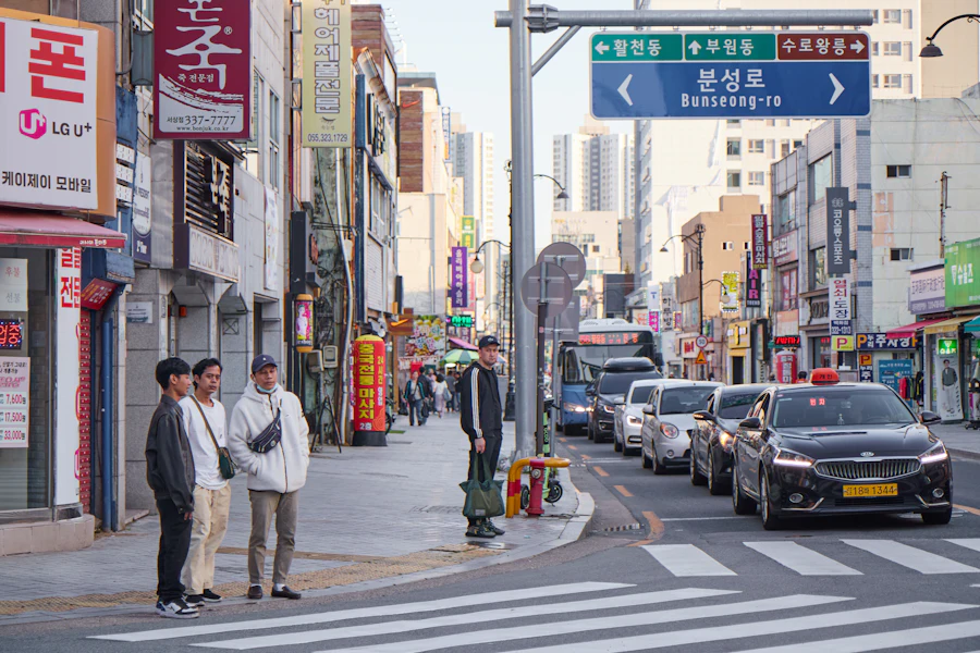 A busy street crossing in Gimhae, South Korea