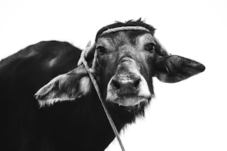 Close-up black and white of a cow with headband.