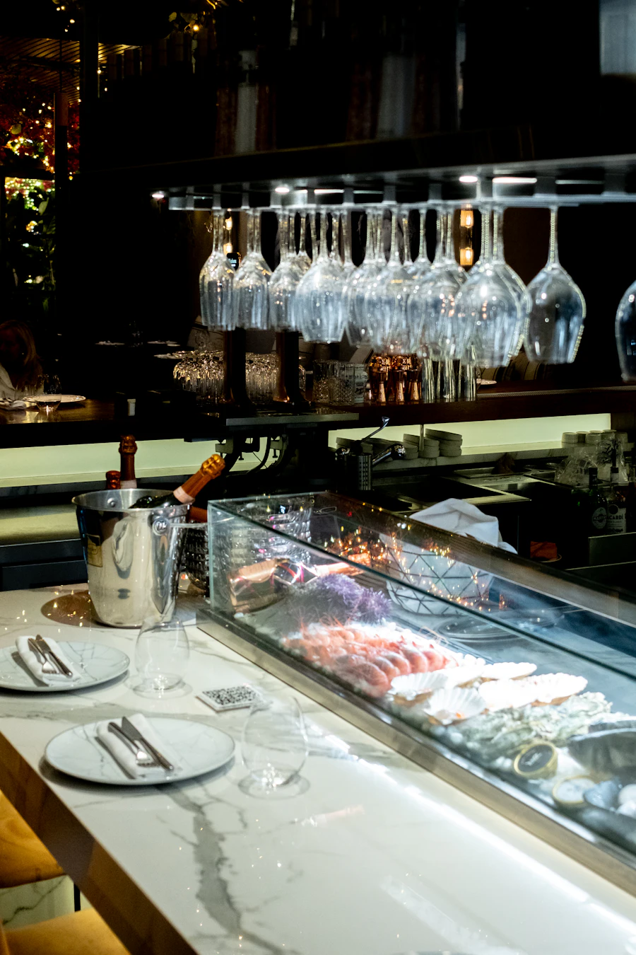 Fresh seafood on ice in a restaurant display