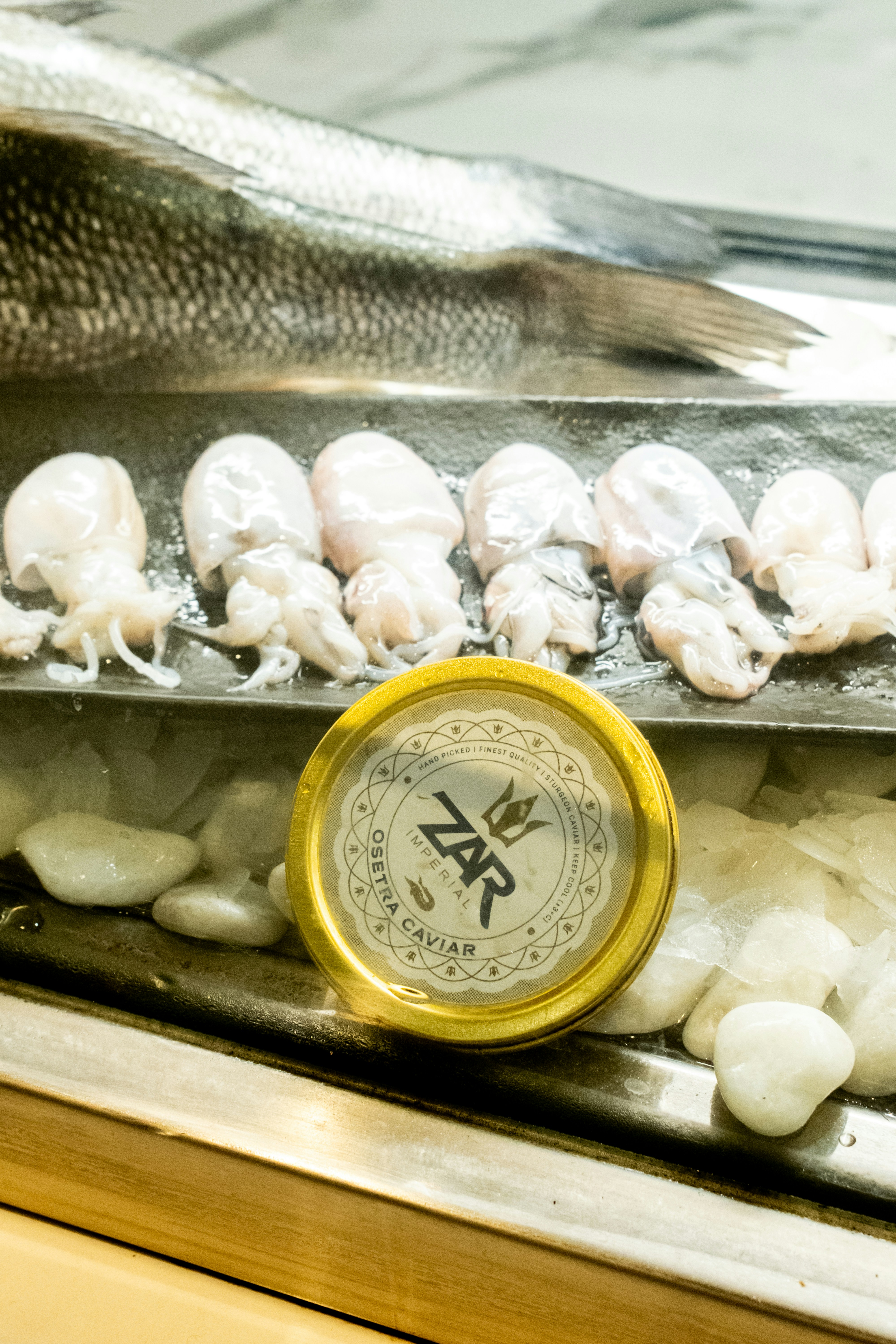 Zar caviar jar with seafood display