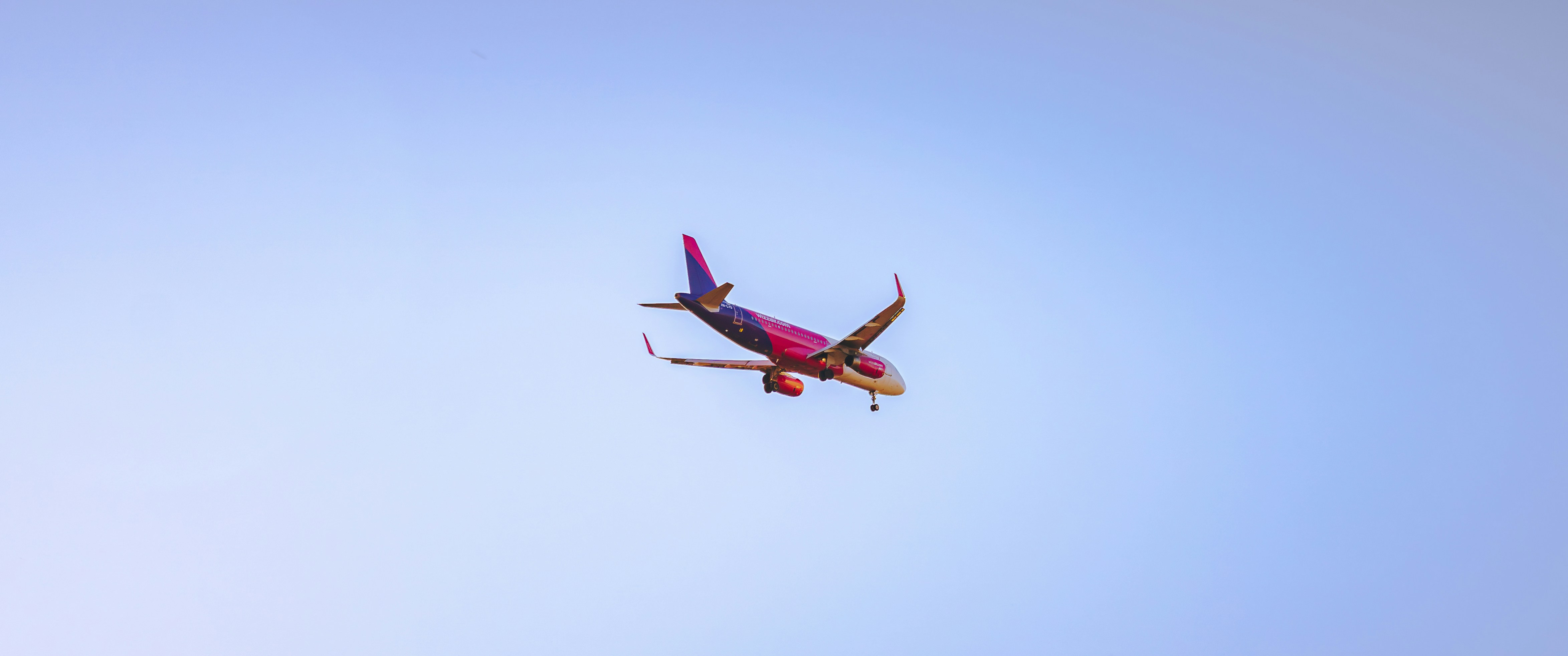 A purple airplane flying in a clear blue sky.