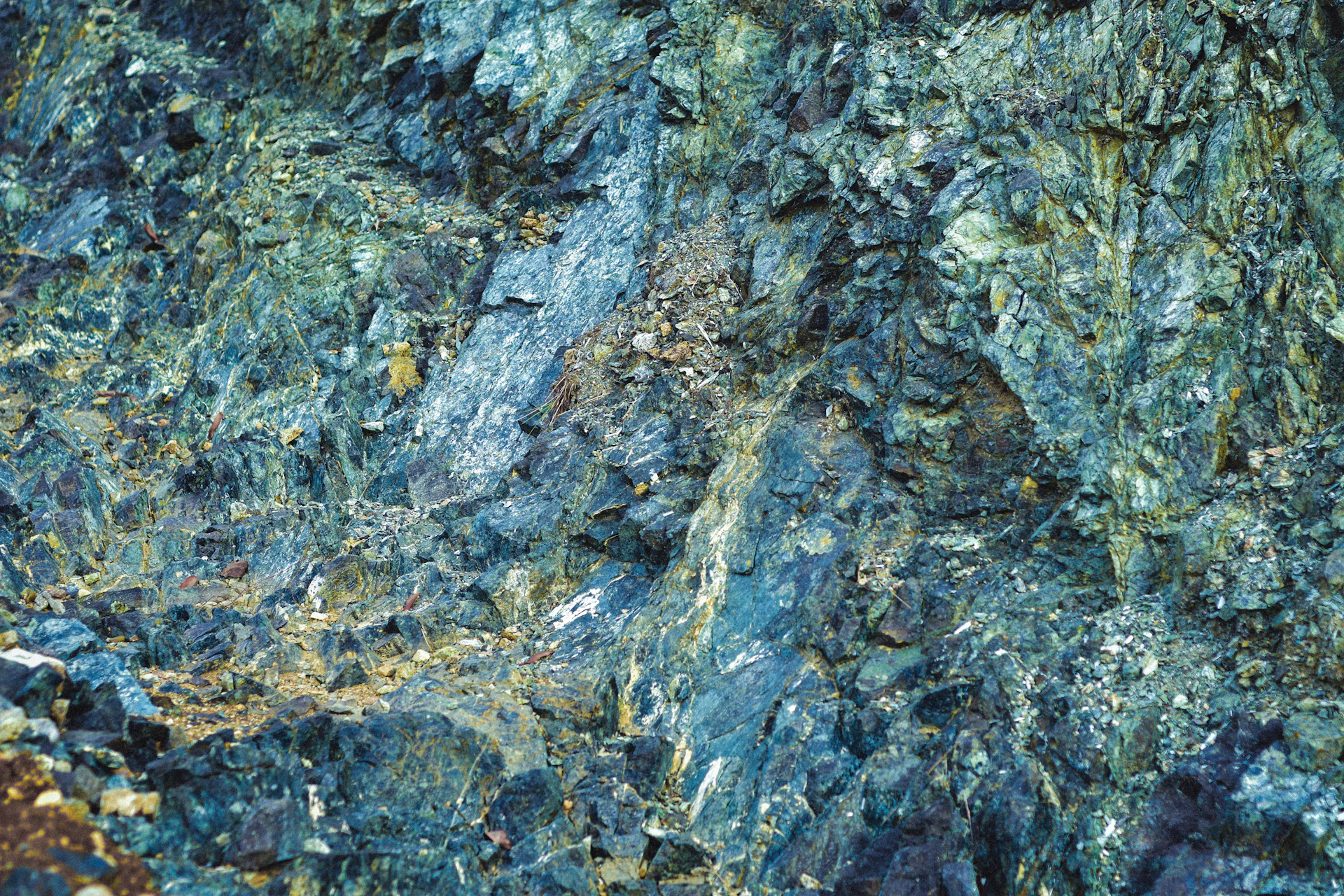 Close-up of a textured blue and green rock surface.