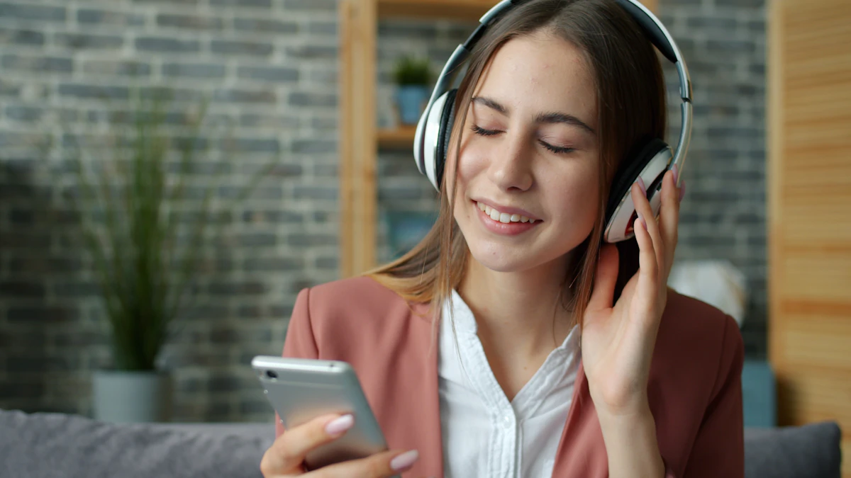 Young woman listening to music with headphones and smartphone
