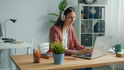 Young woman wearing headphones works on laptop at desk.