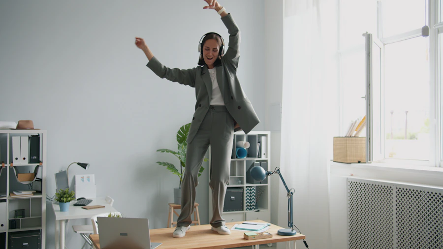 Woman moving energetically at her office desk