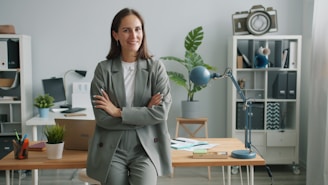 A woman in a grey suit smiles with arms crossed.