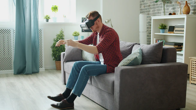 Man wearing vr headset sits on couch playing game.