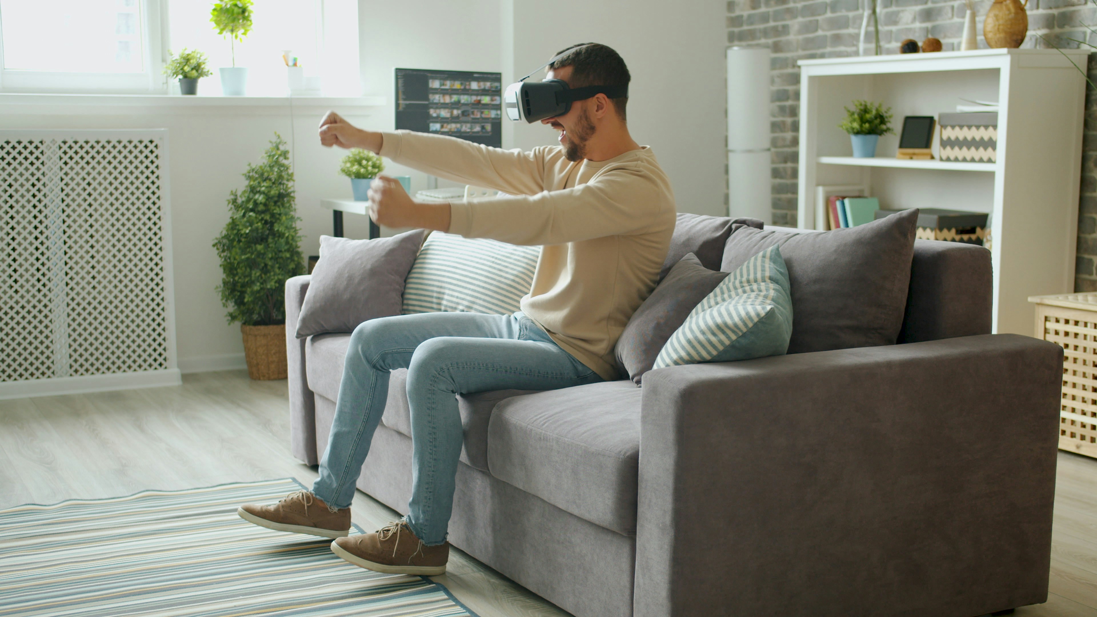  First-person view of a highly realistic virtual game environment with detailed textures and lighting, demonstrating immersive physics simulation.