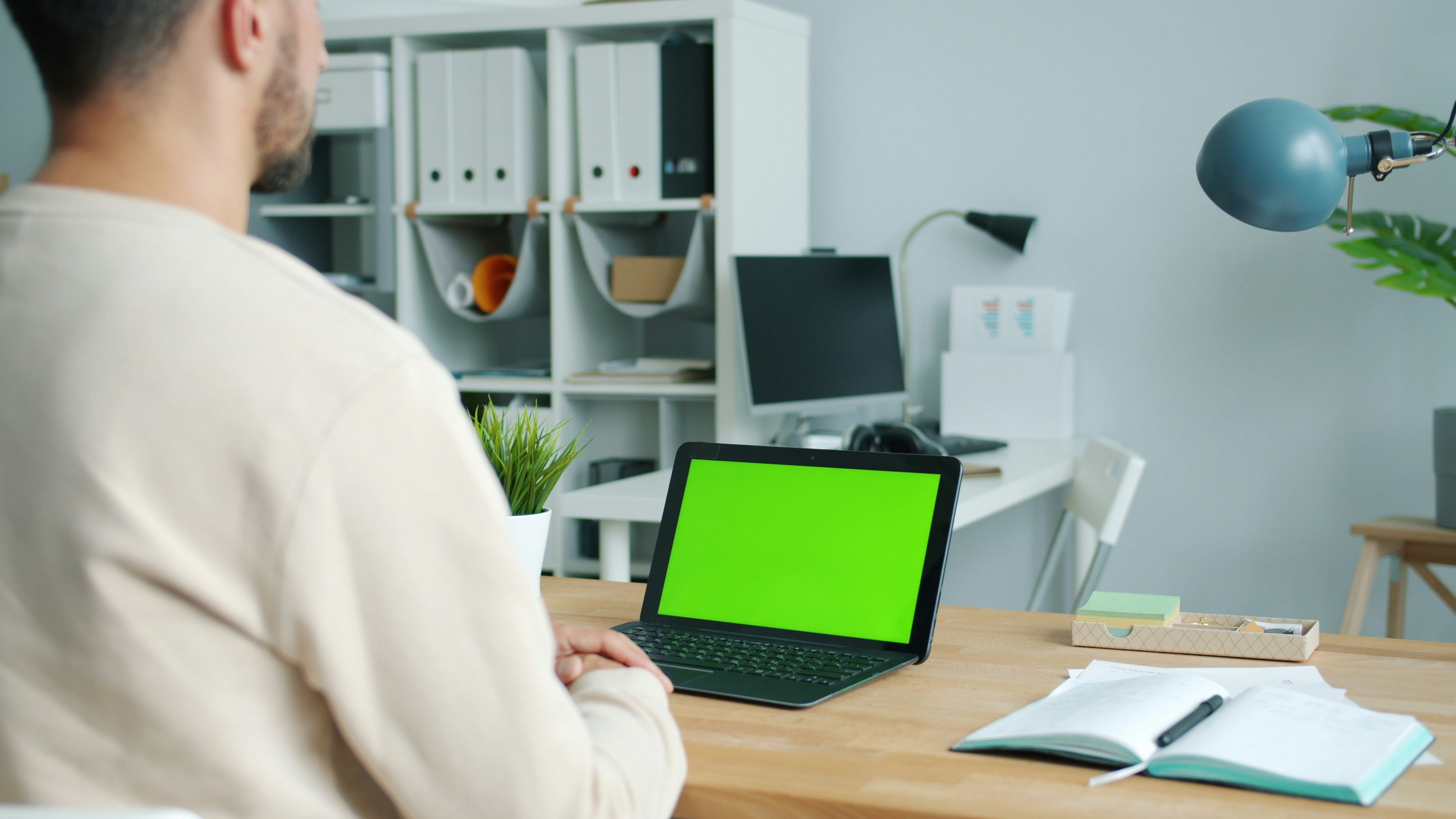 Businessperson looking at green screen chroma key laptop working in modern office sitting at desk alone