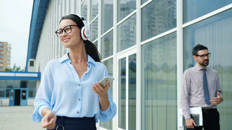 Un employé souriant avec un casque, devant un centre d'affaires