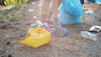 Person picking up trash with a blue bag