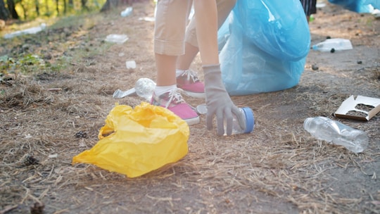 Person picking up trash with a blue bag