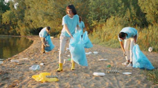 Volunteers collecting trash on a beach with blue bags.