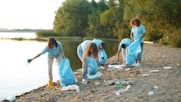 Volunteers cleaning up trash on a beach by the water.