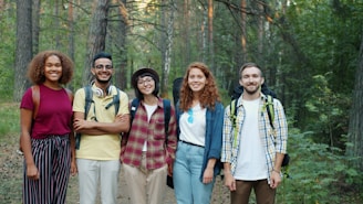 A diverse group of friends hiking in a forest