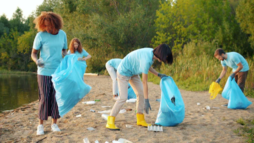 Volunteers cleaning up litter on a sandy shore