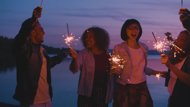 Friends celebrating with sparklers