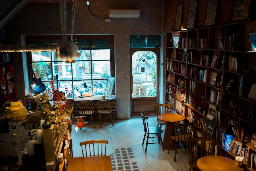 A cosy interior with bookshelves and seating
