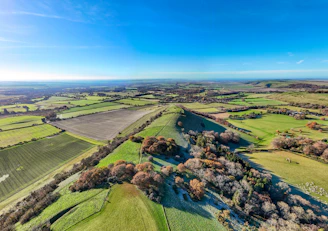 Rolling green hills and fields under a clear blue sky.