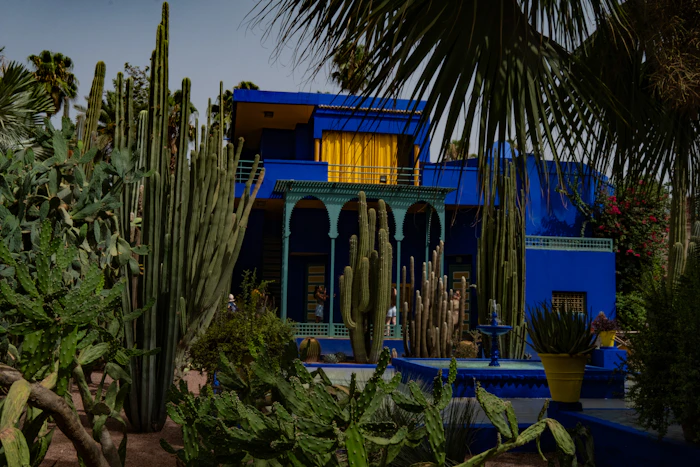 Villa bleue Majorelle entourée de cactus et palmiers