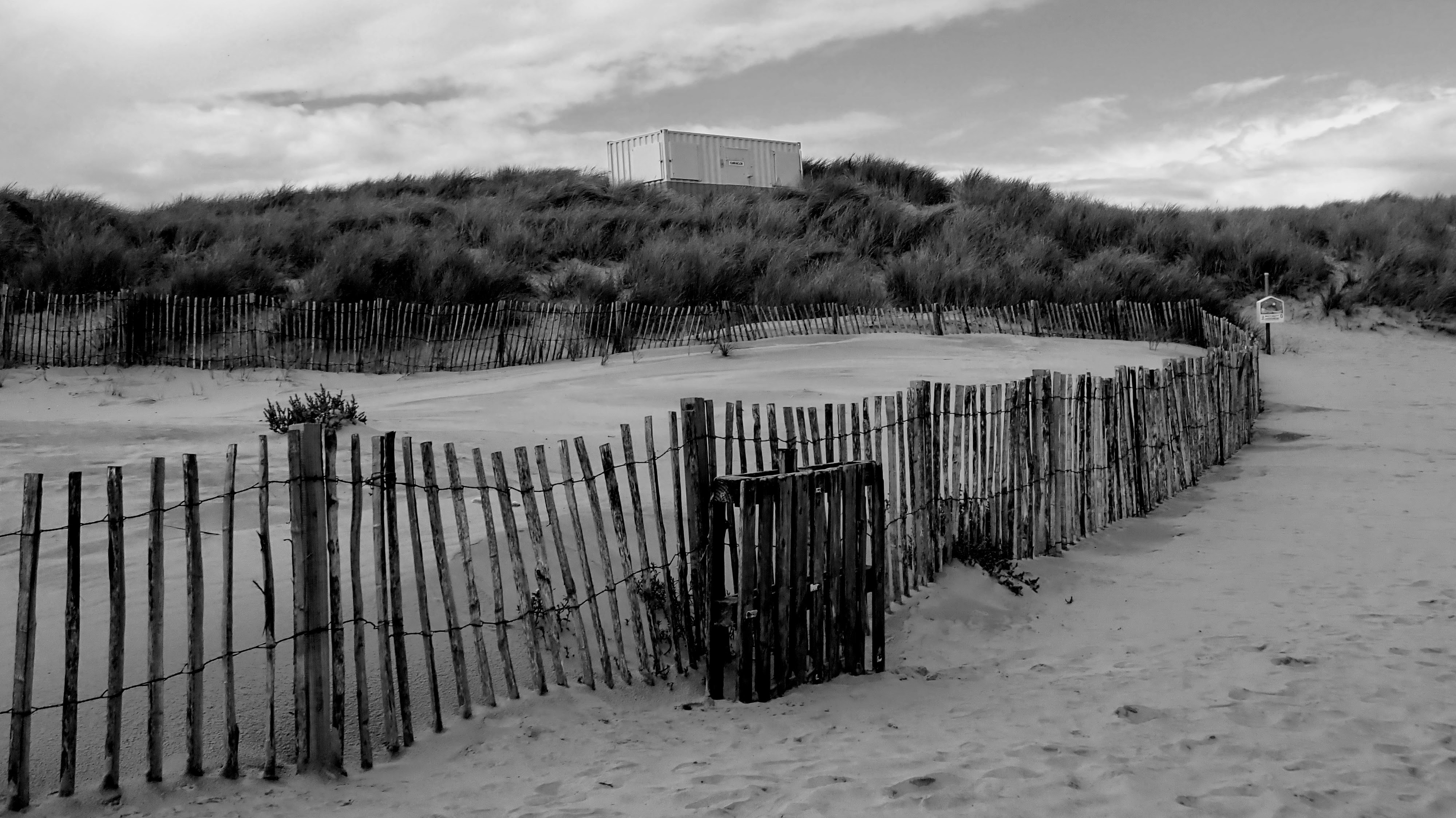 Wooden fence and dune grasses under cloudy sky