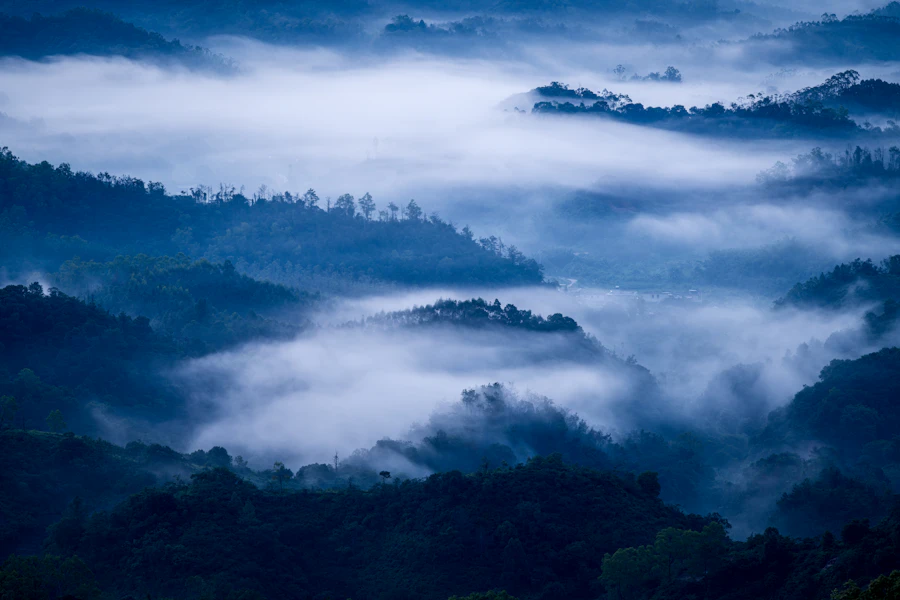 Misty blue mountains at dawn