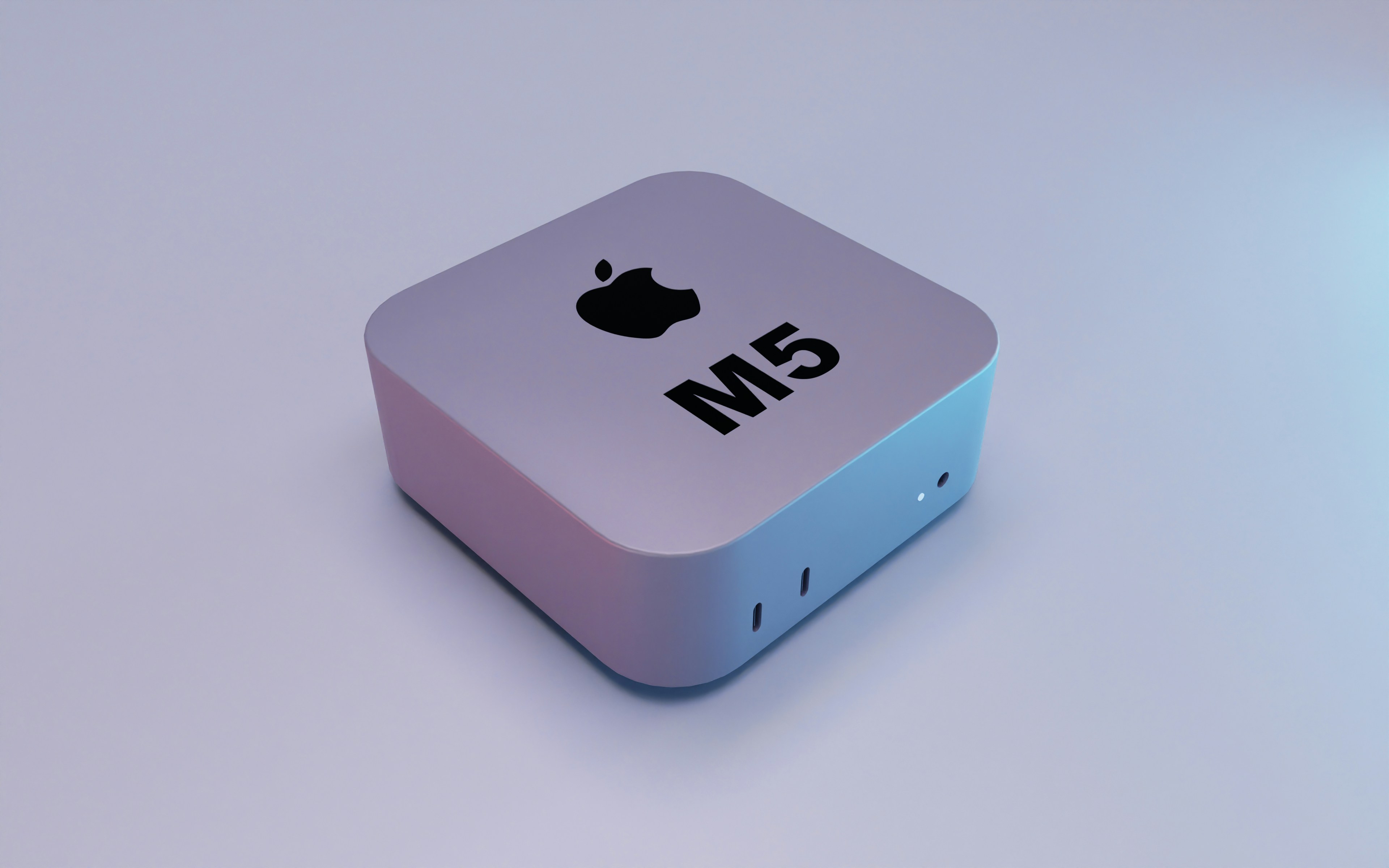 Komputer apple m5 ringkas dengan latar belakang gradien.