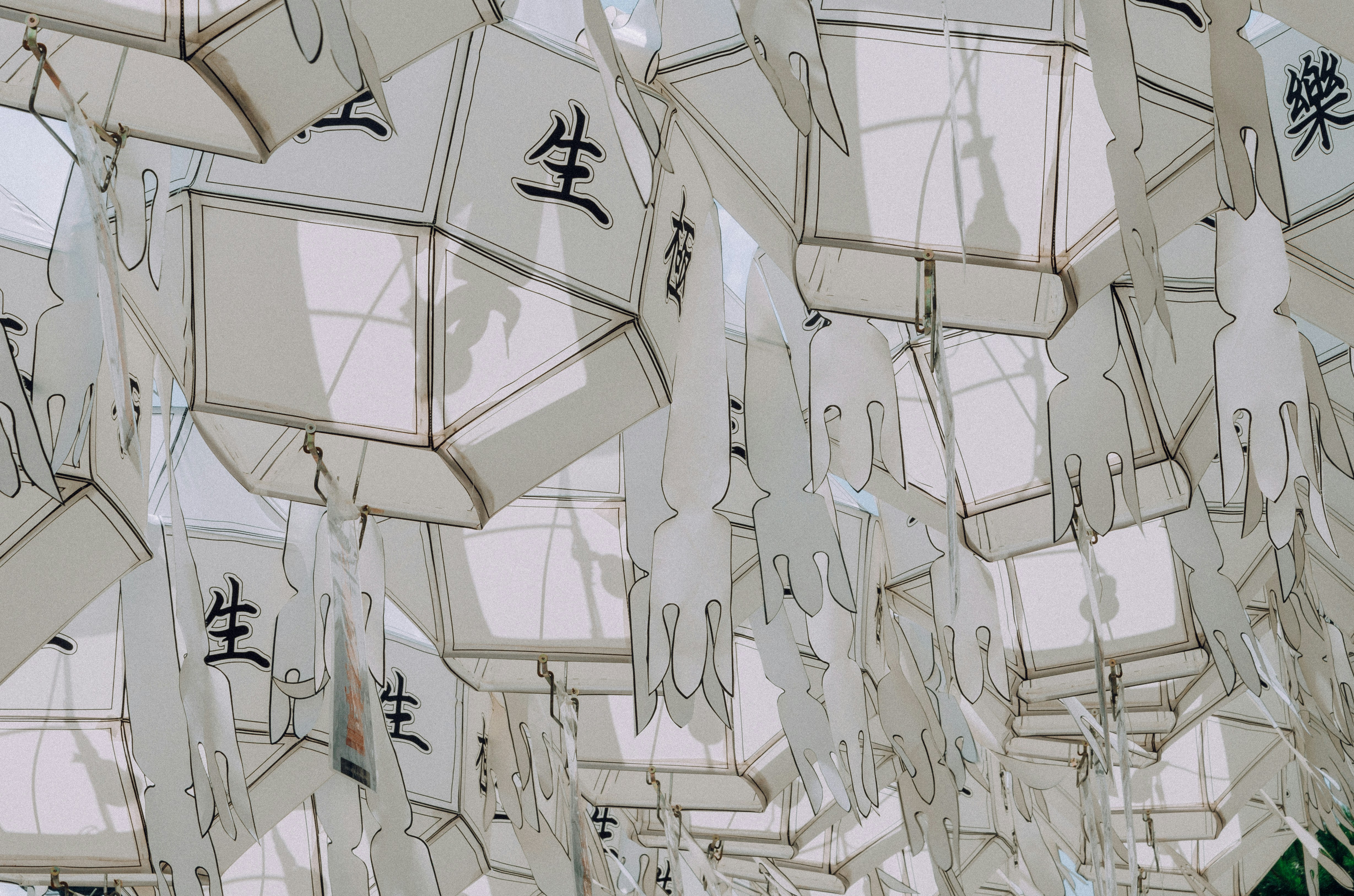White paper lanterns with asian characters hanging.