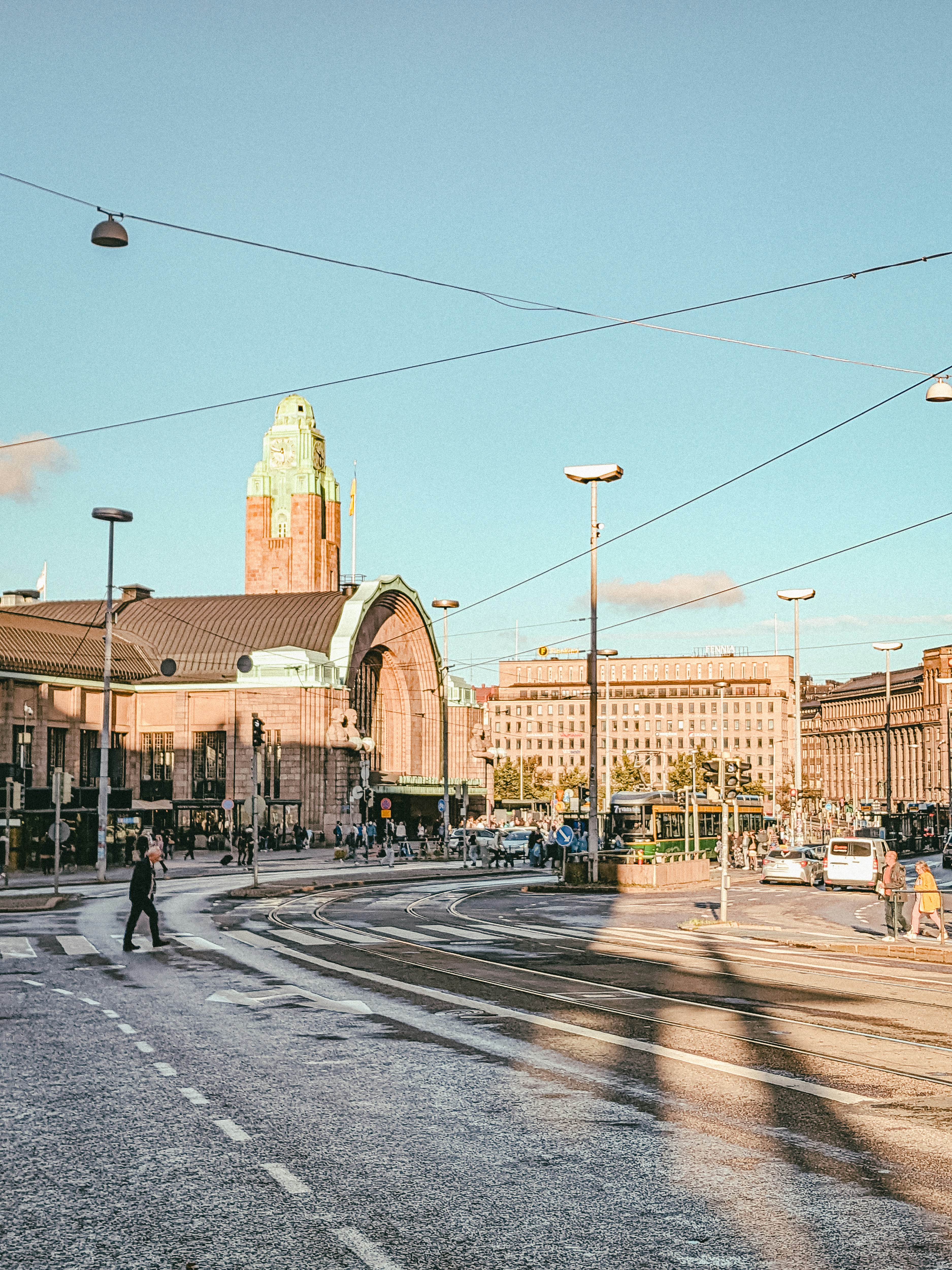 City street with tram tracks and buildings