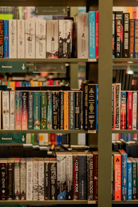 Rows of books on library shelves