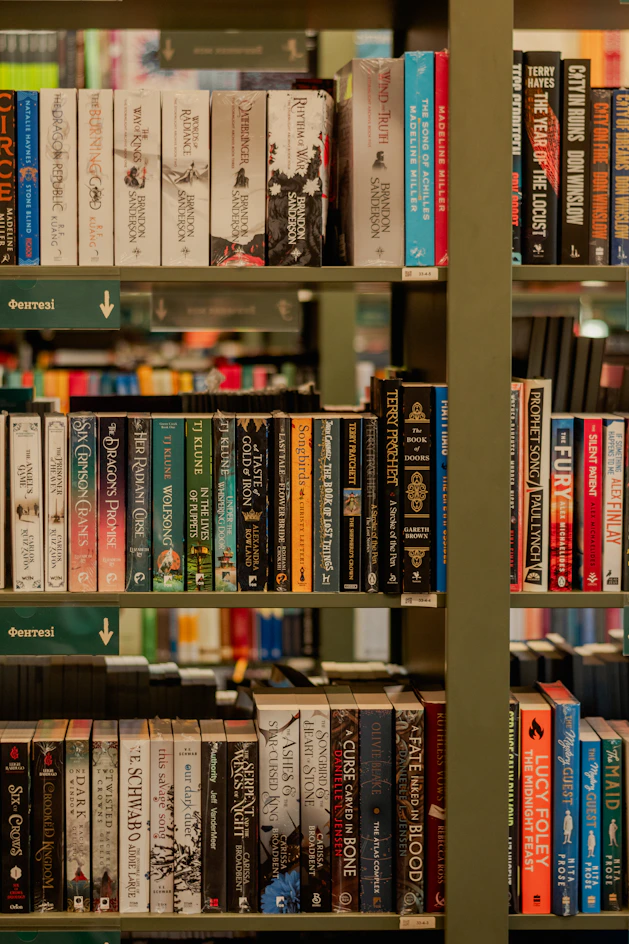 Rows of books on library shelves