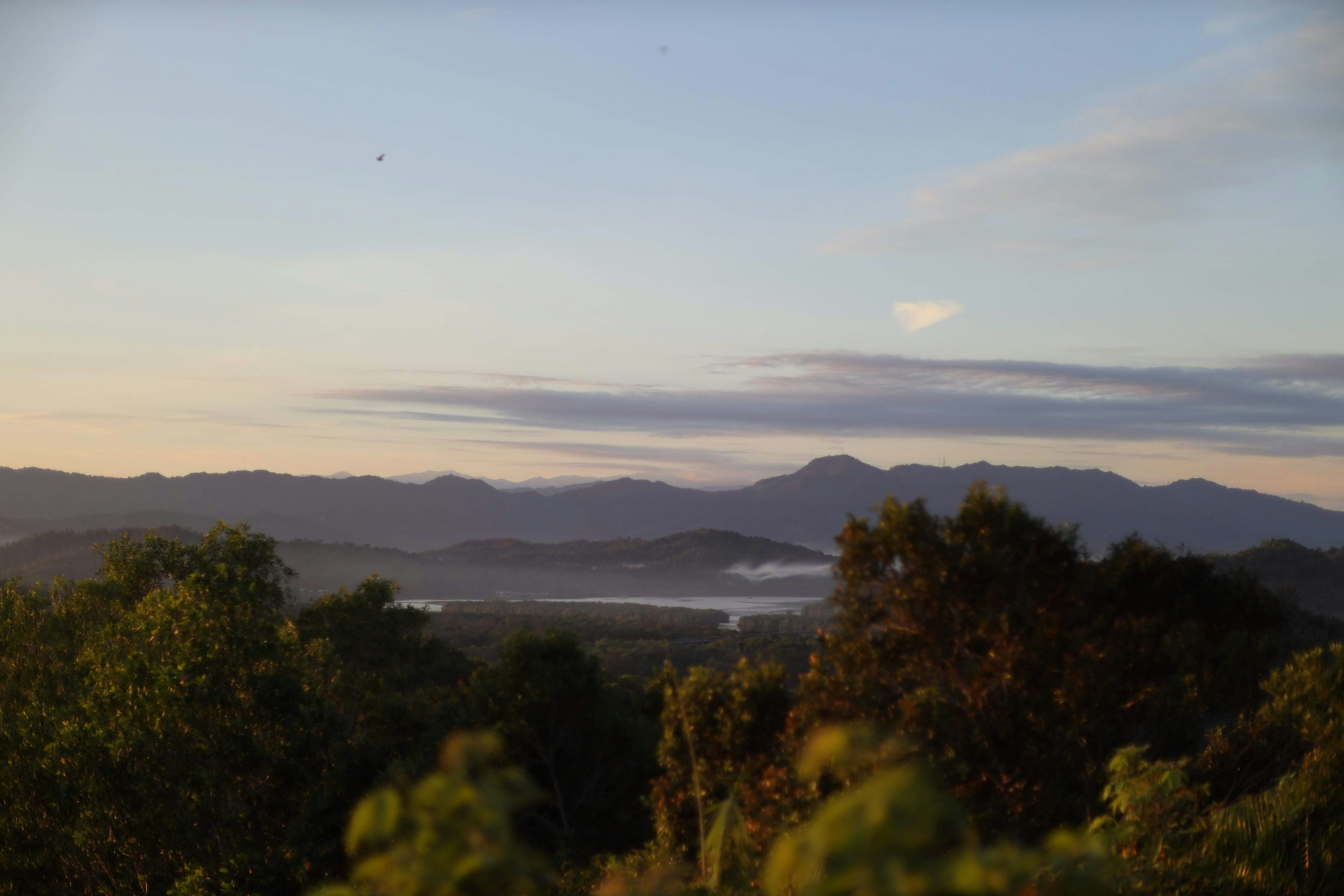 Distant mountains and trees at sunrise