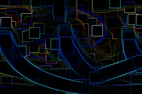 Abstract digital art with colorful squares and lines