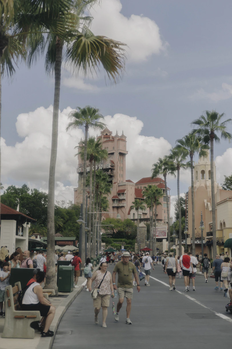 People walk down a street lined with palm trees.in Florida