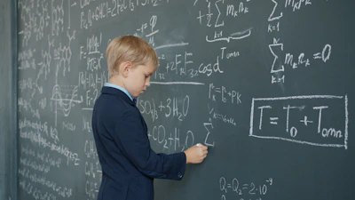 Young boy in suit writing math equations on blackboard.