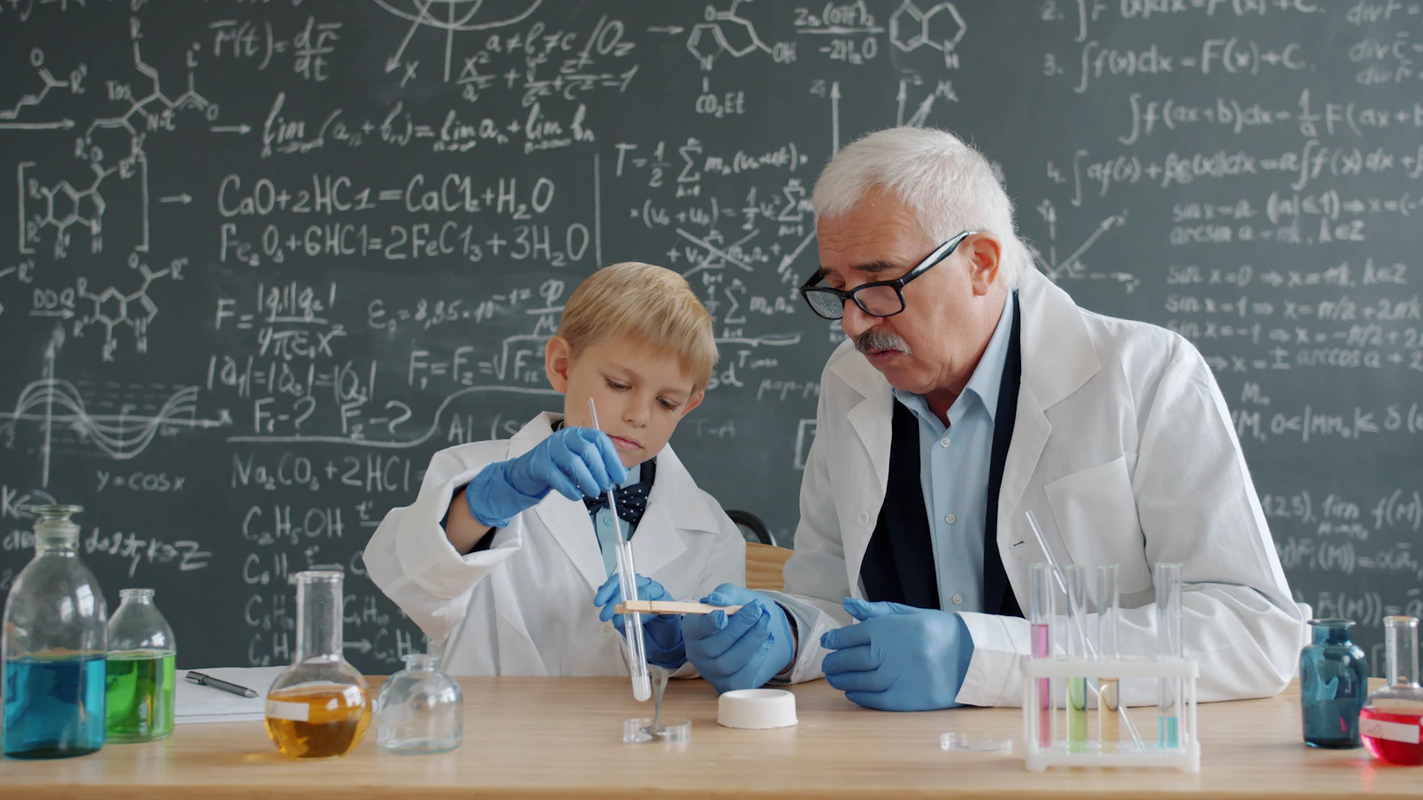 Science teacher guiding a student through an experiment