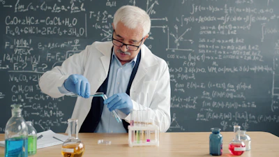 Scientist in lab coat conducts experiment with test tubes.