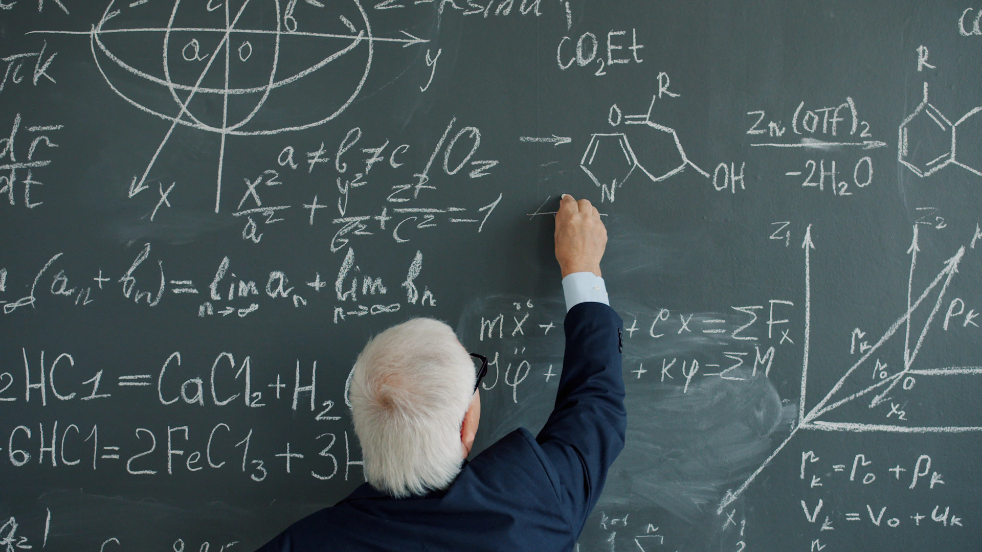 Professor writing complex formulas on a chalkboard