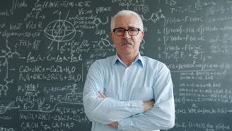 Professor with arms crossed in front of blackboard