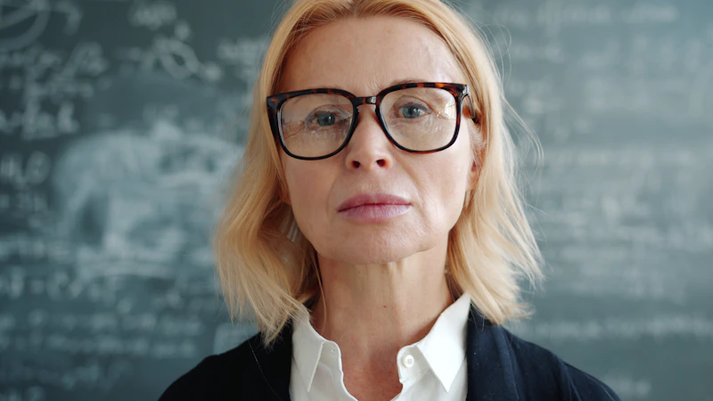 Mujer inteligente con gafas frente a pizarra
