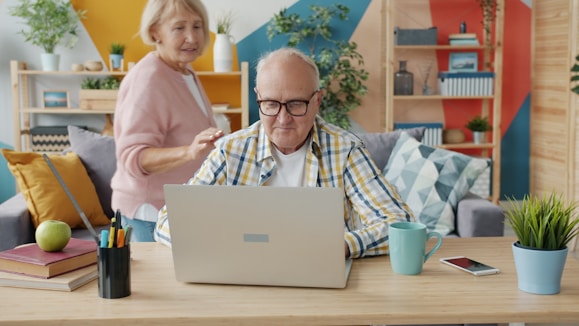 Elderly couple using a laptop in a living room.