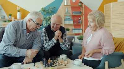 Seniors playing chess together on a sofa.