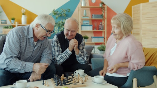 Seniors playing chess together on a sofa.