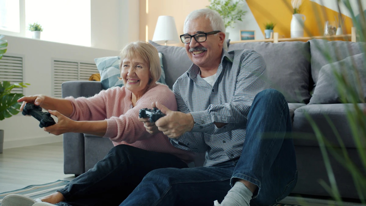 An older couple laughing together at home