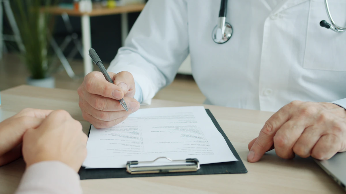 Medical professional reviewing a patient's chart during a clinic consultation