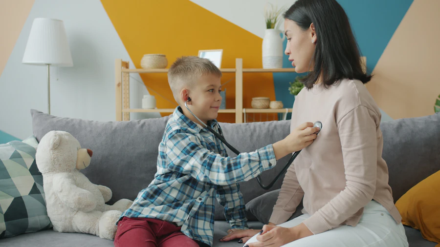 Child listening to mother's heartbeat with a stethoscope